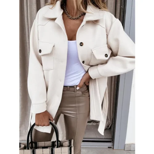 2025 Amazon  Winter Cross-Border New Women's Long-Sleeved Elegant Pure Color Lapel Button-Up Woolen Jacket