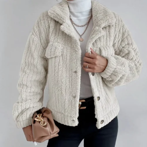 Winter Rabbit Fur Plush Jacket Turn-Down Collar Shirt with Fleece Lining Thickened Plush Jacket