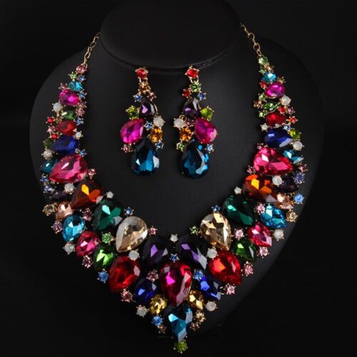 Crystal Glass Gem Jewelry Set Necklace & Earrings Set